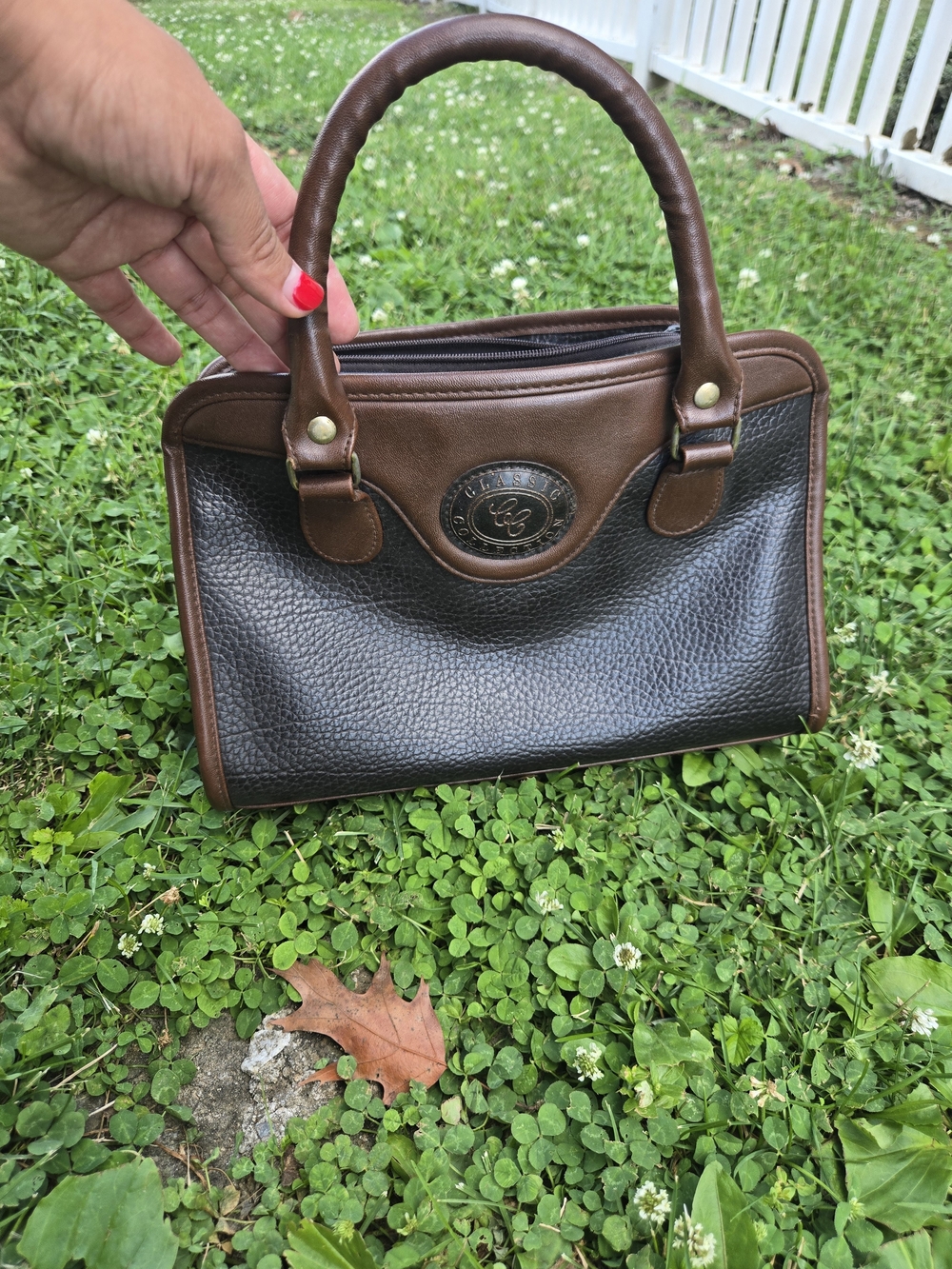 Vintage Dooney & Bourke All-Weather Leather Satchel Bag In Black With Brown Trim